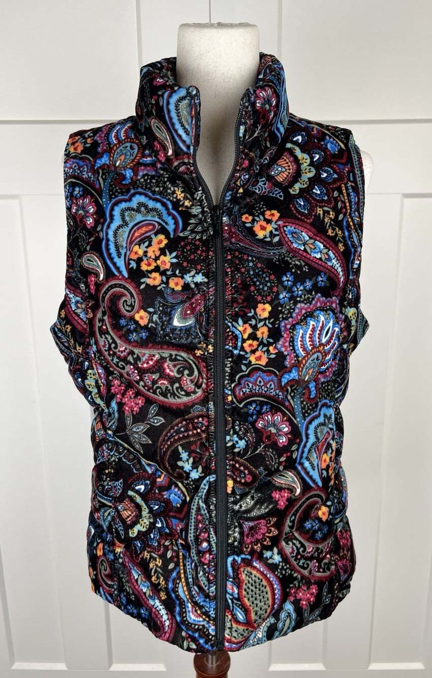 Lands’ End Velvet Paisley Down Puffer Vest M Black Multicolor Zip Quilted